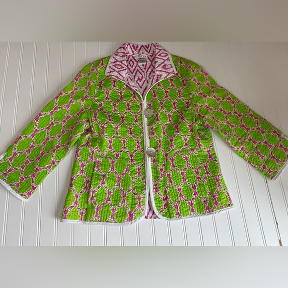 Patty Kim Pink White Green Reversible Quilted Button Front Jacket Large 767 - Picture 1 of 3